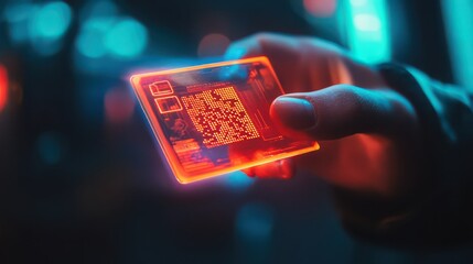 Hand holding glowing digital access card with qr code