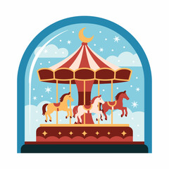 A charming carousel inside a snow globe, symbolizing nostalgia and joy, perfect for promoting themes of childhood wonder and magical moments.