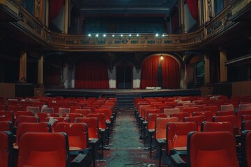 Rows of decaying red seats facing an empty stage in an abandoned vintage theatre showing signs of decay and disrepair