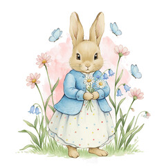 Cute Watercolor Bunny Girl with Flowers: Vintage Spring Nursery Illustration