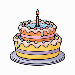 A colorful two-tier birthday cake, decorated with icing and topped with a single candle, evokes celebration and joy for any special occasion or memorable gathering of loved ones.