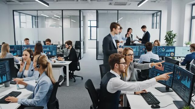 Busy modern office environment with traders and business professionals working