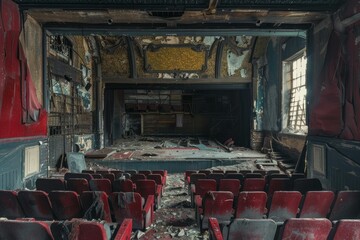 Decaying red velvet seats fill the auditorium of an abandoned theater, the stage and decor showing signs of damage and neglect
