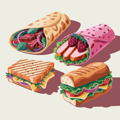 This colorful illustration features a delightful assortment of wrapped sandwiches and rolls, showcasing different fillings and styles, perfect for food lovers and culinary inspiration.