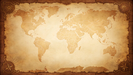 Vintage world map on old parchment paper with compass roses, perfect for adventure, travel, and exploration themes and backgrounds © Sabbir Digital