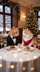 Two cats in tuxedo and dress having a romantic Christmas dinner date with champagne and food in a festive restaurant setting.
