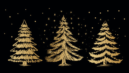 Gold Christmas tree set on black, hand drawn illustration