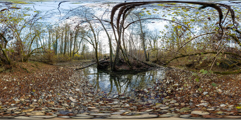 full seamless spherical hdr panorama 360 degrees angle view among the bushes of forest near river or lake high in mountains in equirectangular projection, ready VR AR virtual reality content