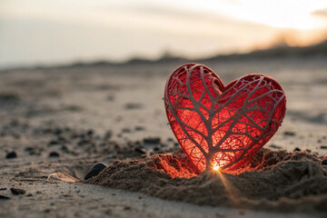 A delicate red heart sculpture rests gently on a sandy beach at sunset