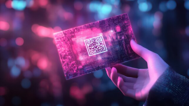 Hand holding futuristic glowing digital card with qr code - Powered by Adobe