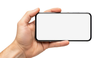 Hand holding modern smartphone mockup horizontally with blank white screen isolated on white
