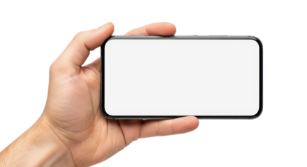 Hand holding modern smartphone mockup horizontally with blank white screen isolated on white
