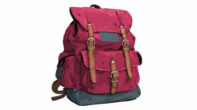 Red backpack with leather straps illustrated in a hand-drawn sketch style, isolated on a clean white background, concept of travel gear