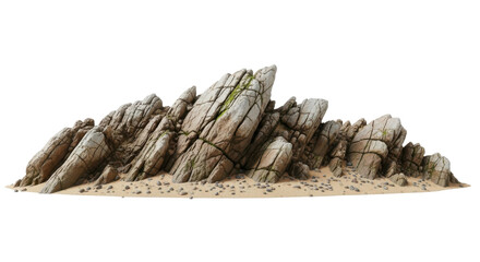 Jagged natural rock formation on sand, isolated on white background