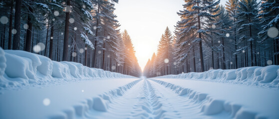Serene winter landscape features snow covered path flanked by tall evergreen trees, with soft sunlight illuminating scene