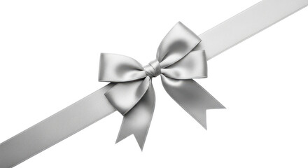 Isolated Silver Satin Ribbon Bow with Diagonal Ribbon on White Background
