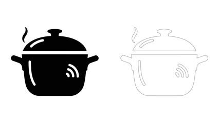 Smart rice cooker, icon set. black and outline illustration of a cooking pot with steam, symbolizing intelligent kitchen