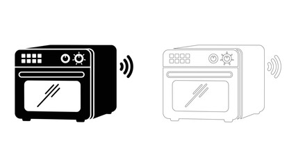 Two illustrations of a smart oven, one solid black icon and one line art outline, indicating modern kitchen appliance te