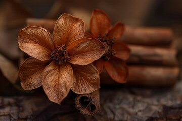 Fototapeta premium Close up of dried flowers and cinnamon sticks creating a warm, autumnal still life