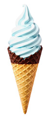 Light Blue Soft Serve Ice Cream Cone Dipped in Chocolate Isolated on White