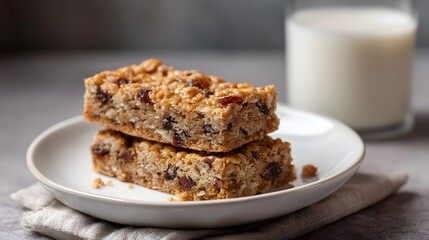 Stacked oat bars with milk and crumbs on a textured napkin a delicious and healthy breakfast