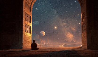 Muslim old man praying on a mosque with starry and crescent moon night. 