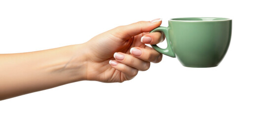 Female hand holding a mint green ceramic mug isolated on white background