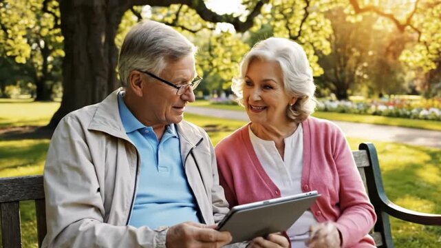 Elderly couple using a tablet to view a map outdoors in a sunny park