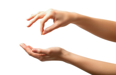 Two human hands in giving and receiving gesture, one pinching and one open palm, isolated on white background