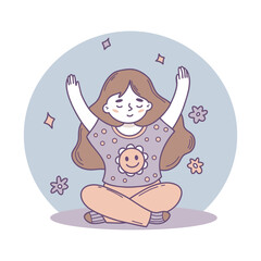 Cute Meditating Girl. Yoga and Female Yogi Character Sits in Asana. Color hand-drawn, doodle in soft pastel colors. Vector illustration. Kids collection. Not AI