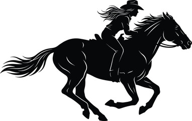 Cowgirl riding horse silhouette illustration, dynamic western woman equestrian scene with flowing mane, wild motion, and strength for rodeo, ranch, and cowboy themed vector design