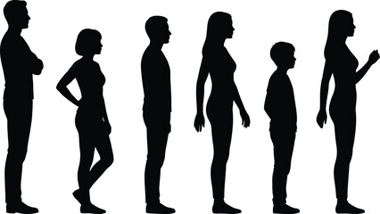Family generation silhouettes in side view, father mother son and daughter standing profile poses, human growth stages concept vector illustration for design