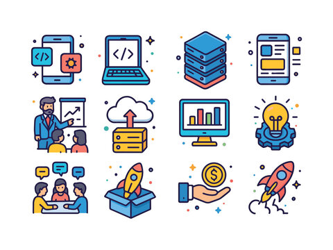 Tech Startup Icons. Tech Startups. Colorful isometric vector ico