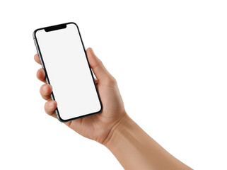 Human hand holding modern dark smartphone mockup with blank white screen, isolated