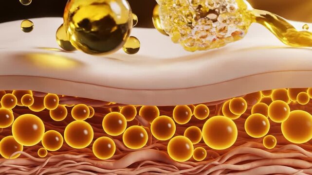 3d rendering of skin layer structure with oil droplets and serum absorption