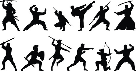 Martial arts warrior silhouettes set showing fighters with swords, spears, bows, kicks, punches, traditional combat poses for dynamic vector illustration