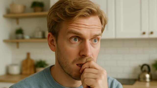 Thoughtful guy bites nails with excitement. Focused man bites thumb. Stress and depression in modern society. Man with puzzled expression contemplating decision of problem at work or in personal life