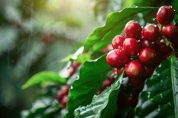 Close-up of ripe red coffee cherries growing on a branch with dark glossy green leaves