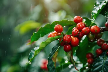 Close-up of ripe red coffee cherries growing on a branch with dark glossy green leaves