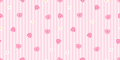 Seamless pink striped pattern with kawaii hearts, candies and little daisies. Soft Valentine background perfect for romantic wrapping paper, fabric, stationery, gifts and sweet girly projects.