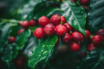 Close-up of ripe red coffee cherries growing on a branch with dark glossy green leaves