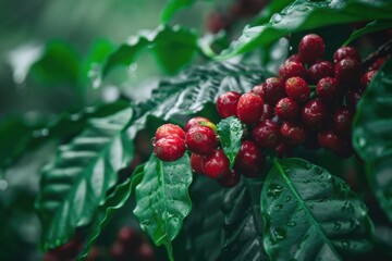 Close-up of ripe red coffee cherries growing on a branch with dark glossy green leaves