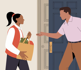 A friendly interaction between a delivery person and a smiling customer showcases community support and the joy of receiving fresh groceries at home.