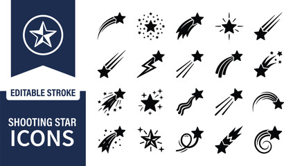 Shooting star icons set with editable stroke, meteor trails, sparkle effects, cosmic symbols for space, astronomy, fantasy themed vector design