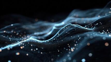 big data, network connections, digital information flow. Wavy, glowing lines and tiny particles create a futuristic, high-tech landscape, symbolizing technology, science, and internet communication.