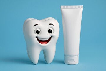 Happy smiling cartoon 3D tooth next to blank customizable white toothpaste tube on blue background. Concept of dental health and care, oral hygiene, fresh breath, professional dentistry. Copy space