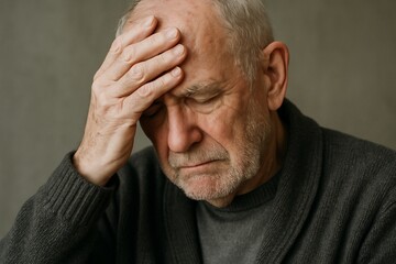 Senior man with gray hair and beard holding forehead with concerned expression. Elderly man looking down with hand on his head, sing worry or stress. Older gentleman expressing concern or fatigue