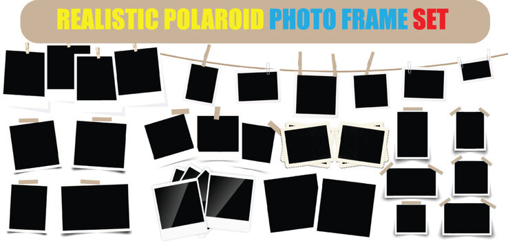 Polaroid photo frame set mockup template collection blank instant picture display hanging on string with tape