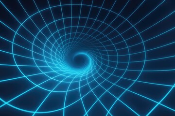 Abstract blue glowing wireframe vortex tunnel, futuristic digital network background abstract.