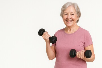 Happy active senior woman with gray hair smiles while lift black dumbbells on white background. Promote healthy aging, fitness, strength training, active lifestyle in retirement. Banner, copy space